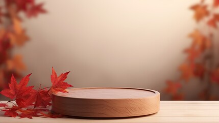 Wooden podium with fall leaves simple backdrop for showcasing products . Mockup image