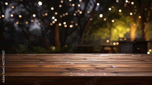 Unoccupied wooden table outdoors during a BBQ gathering. Mockup image