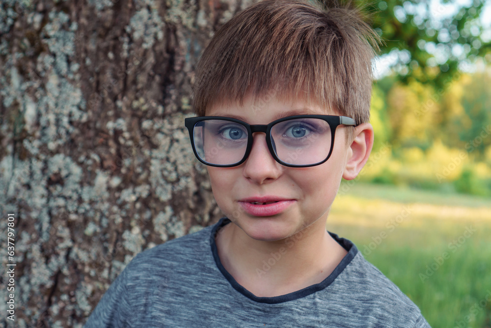 Portrait of loveable boy with blue eyes, in glasses wearing gray longsleeve standing in front of tree in park. Junior pupil with mole above eyebrow enjoying fresh air. Portrait of loveable boy with blue eyes, in glasses wearing gray longsleeve standing in front of tree in park. Junior pupil with mole above eyebrow enjoying fresh air.