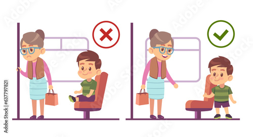 Concept of respect for elders, boy gives way to older woman. Child giving up his seat in transport to grandma. Etiquette rules poster for kindergarten or school. Vector cartoon flat illustration