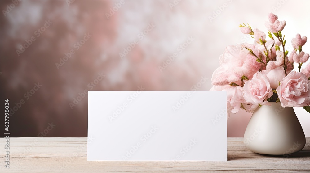 Blank white card for various purposes like greeting table number or wedding invitation template on wedding table background with clipping path. Mockup image
