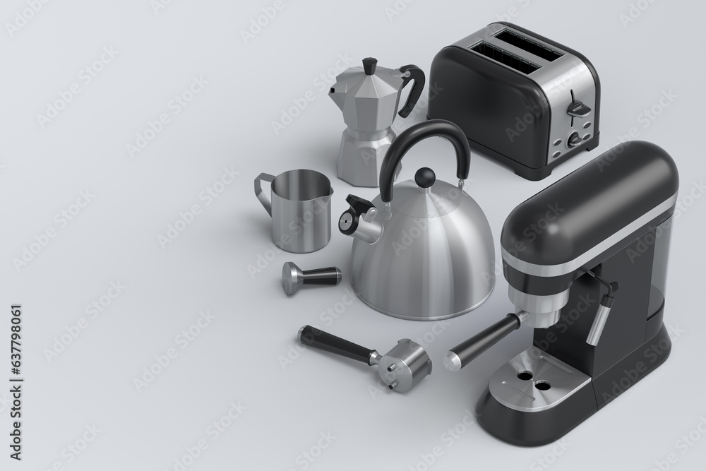 Espresso coffee machine, hand mixer, kettle and toaster on white background. Espresso coffee machine, hand mixer, kettle and toaster on white background.