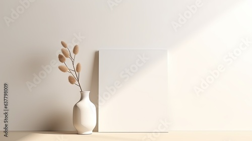 Empty card stock with placeholder text and vase with light shadow on white backdrop Simple corporate design template Overhead view. Mockup image