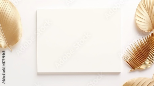 Top view of a simple business template with blank white paper gold stationery and a dry leaf on a white background . Mockup image