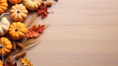 Miniature pumpkins and dried grass in autumnal or holiday themed arrangement Blank space for text Overhead view . Mockup image