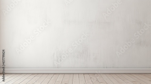 White cement building with closed wooden door and blank space for artwork. Mockup image
