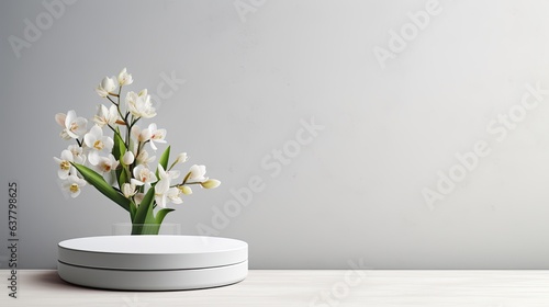 White podium with freesia flowers on light grey background Natural layout for cosmetic advertising Product presentation or sale mockup Copy space Flat lay
