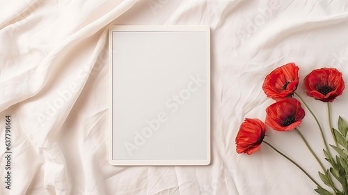 Top view flat lay of tablet pad with blank screen copy space poppy flower and crumpled fabric Aesthetic template for social media . Mockup image