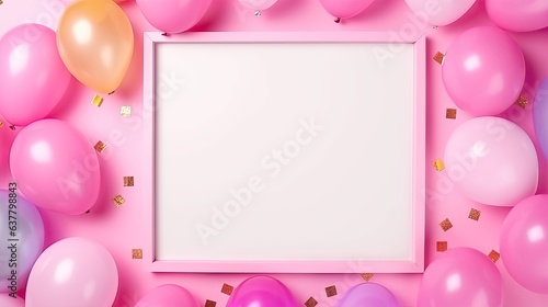 Colorful papers on a pink background with copy space and a frame for invitations and celebrations . Mockup image