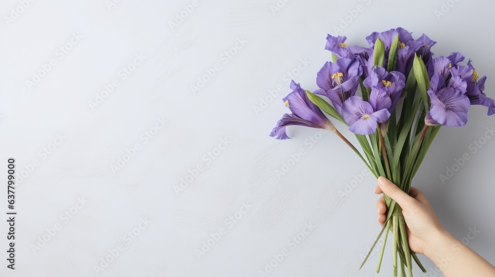 Mockup of a bouquet containing blue and purple irises on a light gray background for celebrations like birthdays March 8th International Women s Day and to expre