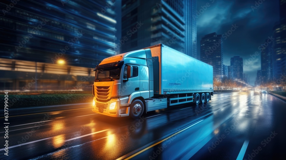 The logistic shipping company s truck delivers goods quickly at night in the city moving swiftly on the avenue to distribute stuff for the postal service in a me. Mockup image