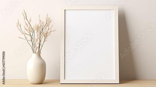 Empty frame on beige table with copy space vase with branches sunlight shadows on curtain background sustainable branding or design template. Mockup image