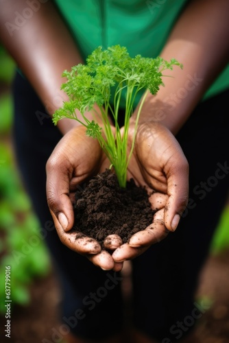 hands, nature and green with a black woman farmer holding seedling in the garden