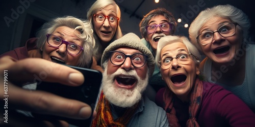 happiness lifestyle and friendship concepts with group old person celebration and taking selfie in night party. healthy and mindset. enjoyment with life. Generative AI