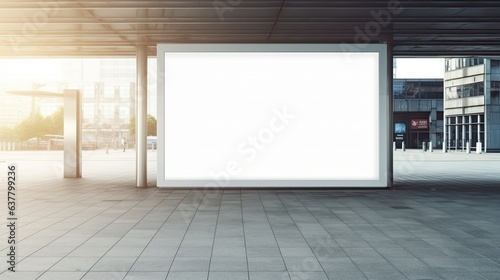 Empty billboard with blank space for advertising lightbox for information and display in station area with daylight. Mockup image