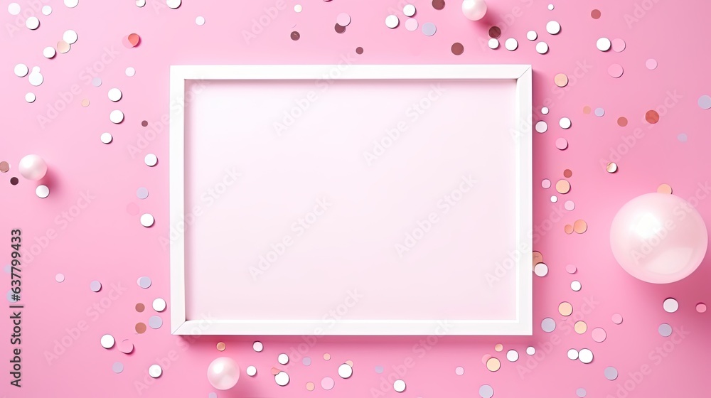 Colorful papers on a pink background frame a card for an invitation to a holiday party. Mockup image