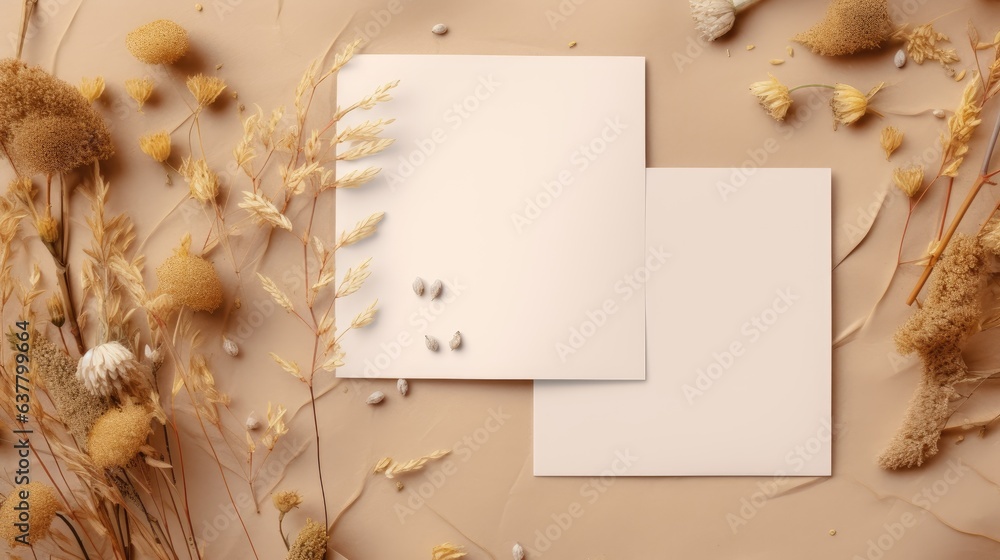 Top view of blank cards envelopes and dried flowers on textured beige background with copy space Flatlay style Greeting card template . Mockup image