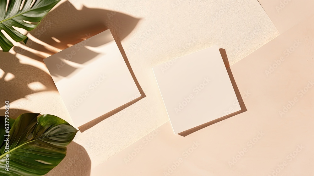 Top view business template with blank cards beige background and floral shadows . Mockup image Top view business template with blank cards beige background and floral shadows . Mockup image