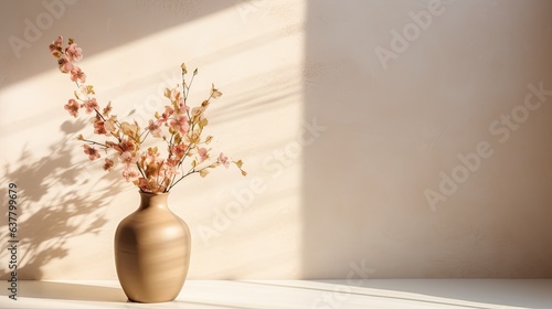 Flowers in a vase cast a shadow on a neutral background with light and space for interior design. Mockup image