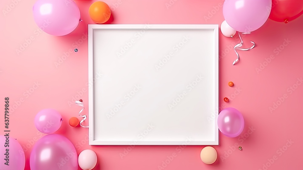 Colorful papers on a pink background frame a card for an invitation to a holiday party. Mockup image Colorful papers on a pink background frame a card for an invitation to a holiday party. Mockup image