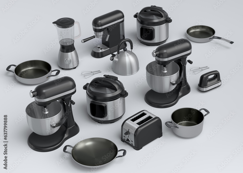 Kitchen appliances and utensils for making breakfast on white background Kitchen appliances and utensils for making breakfast on white background