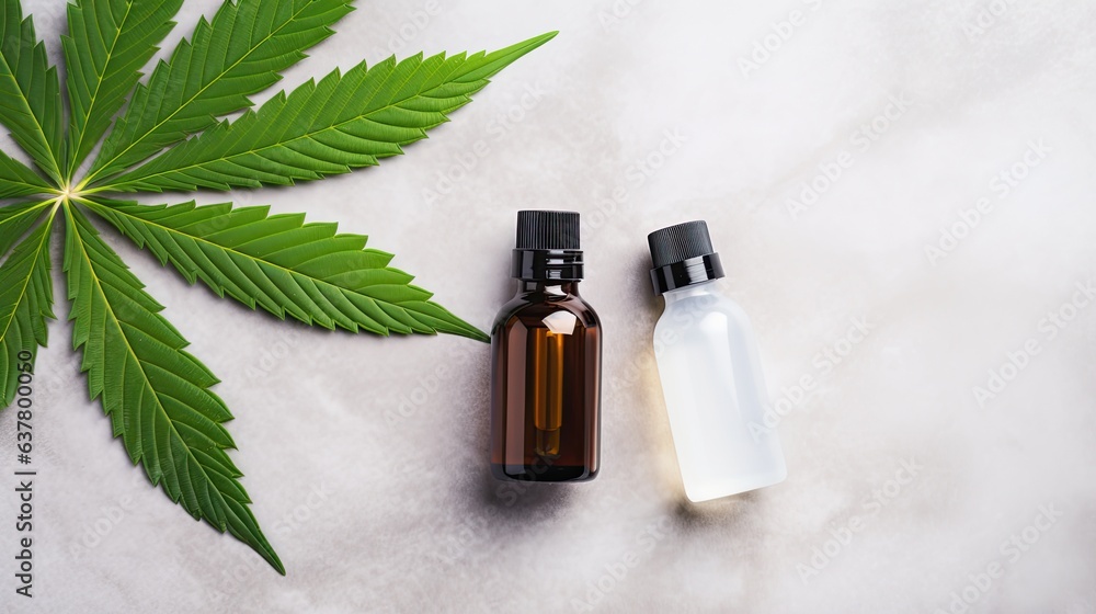 Fototapeta premium Green cannabis sativa leaves on marble table with dropper bottle label and pipette Cosmetics mockup copy space Organic skincare beauty product Eco friendly CBD o