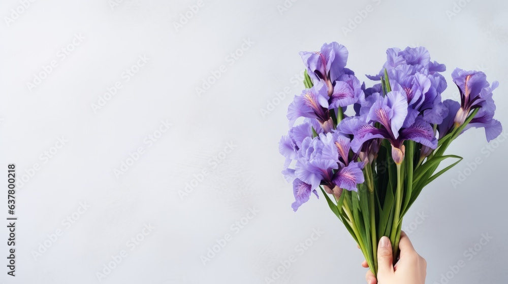 Mockup of a bouquet containing blue and purple irises on a light gray background for celebrations like birthdays March 8th International Women s Day and to expre Mockup of a bouquet containing blue and purple irises on a light gray background for celebrations like birthdays March 8th International Women s Day and to expre