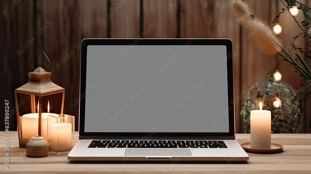 Boho themed home interior template featuring blank laptop screen candles and floor lamp Perfect for online branding and shop promotion on blogs and social media. Mockup image Boho themed home interior template featuring blank laptop screen candles and floor lamp Perfect for online branding and shop promotion on blogs and social media. Mockup image