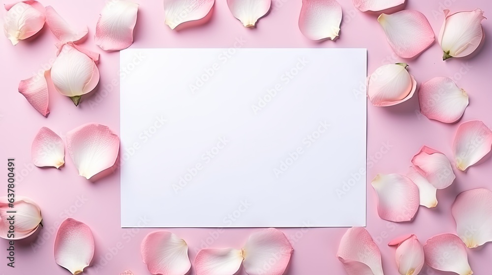 Minimal Valentine s Day template with a blank card pink rose petals in flat lay view. Mockup image Minimal Valentine s Day template with a blank card pink rose petals in flat lay view. Mockup image