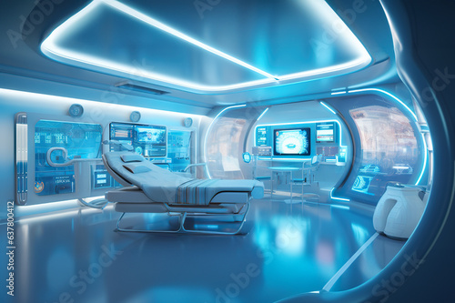 Futuristic Medical Research and Emergency Admission Room Biometrics Diagnosis Infographs and Hospital Services Concept as Wide Banner with Copy Space Area. created with Generative AI © photobuay