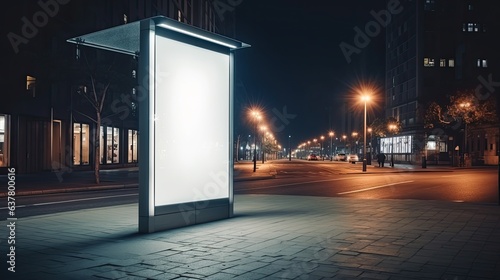 Night time bus stop with a white vertical light box. Mockup image