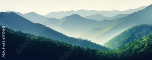 Abstract landscape of rain forest or evergreen forest with mountain layer in mist. beautiful nature background. ecology and environment. Generative AI