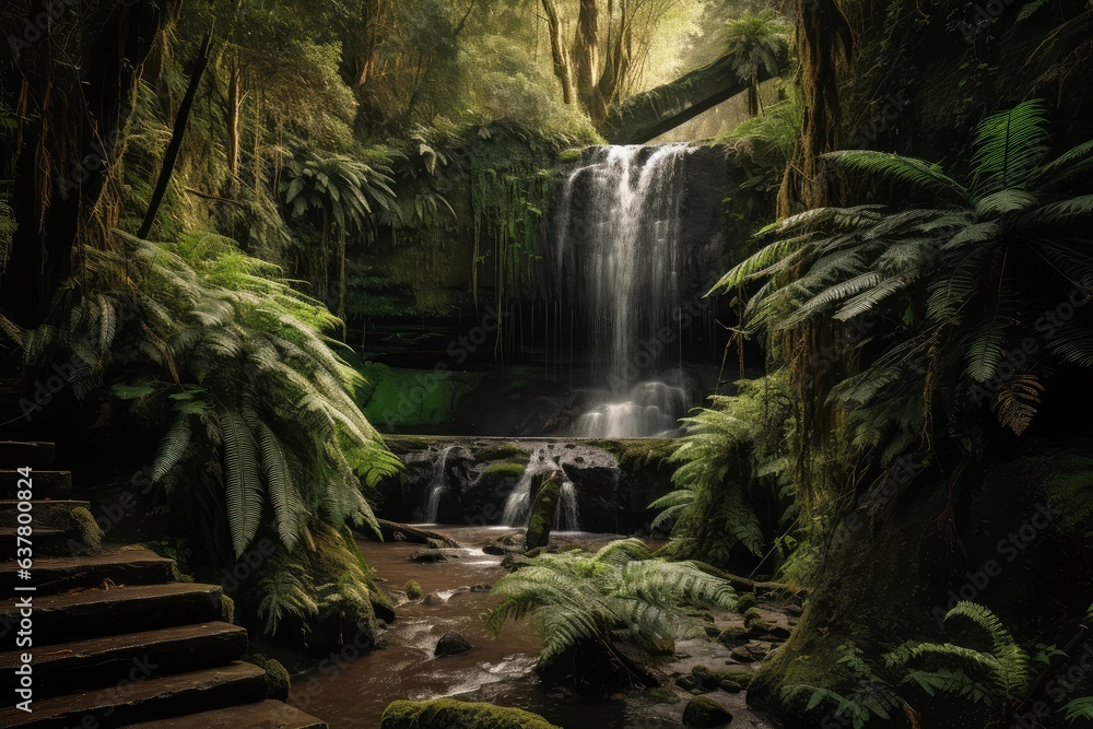 Fototapeta premium A majestic waterfall in a vibrant green forest
