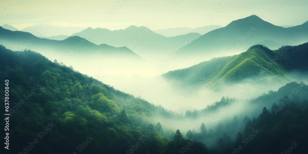 Abstract landscape of rain forest or evergreen forest with mountain layer in mist. beautiful nature background. ecology and environment. Generative AI