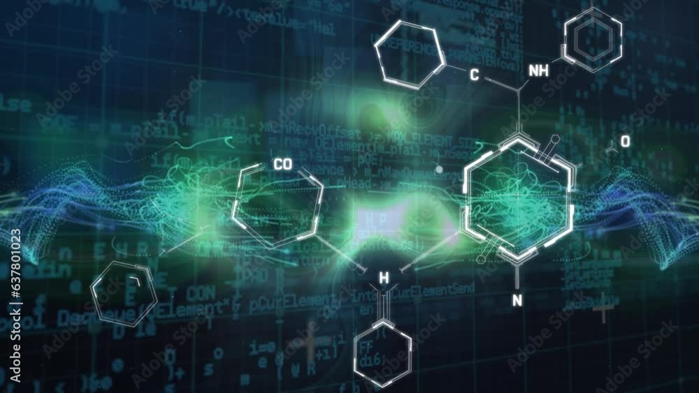Animation of chemical structures and green glowing digital wave against data processing Animation of chemical structures and green glowing digital wave against data processing