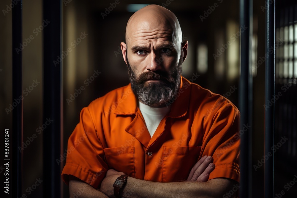 Bald middle aged Caucasian prisoner in orange uniform holds hands on
