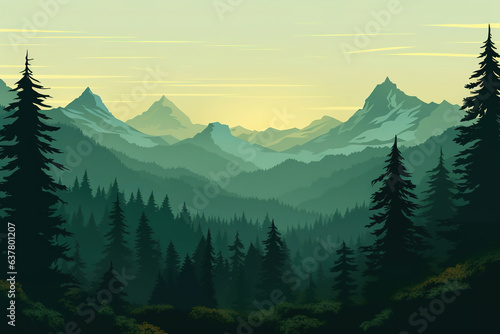 Illustration of valley view of forest fir trees and mountain peaks