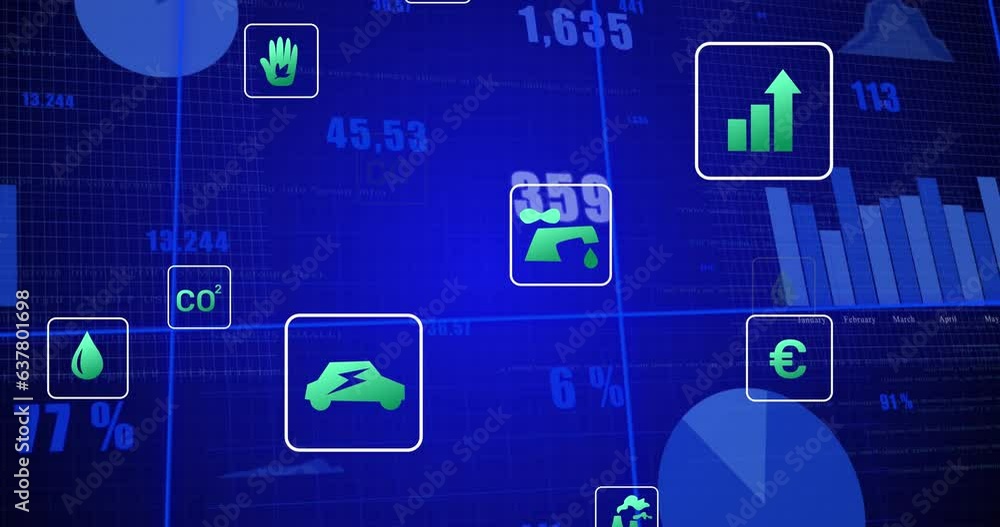 Animation of multiple digital icons over statistical data processing against blue background Animation of multiple digital icons over statistical data processing against blue background