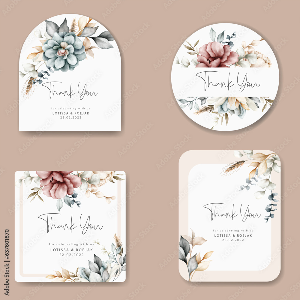 beautiful floral collection label with vintage watercolor flower and leaves