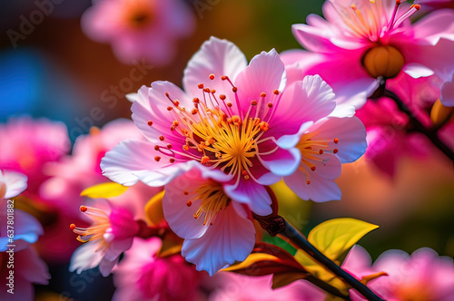 Photos of cherry blossoms in close-up, pink color. Generated using AI