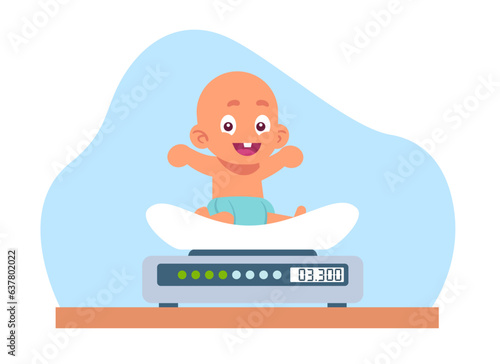 Joyful toddler sits on scale to measure weight of small children. Checkup in clinic. Little boy in diaper at pediatrician examination. Cartoon flat illustration. Vector measurement concept