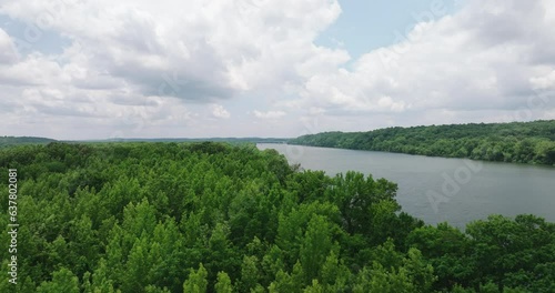 Aerial Above Lush Forest On The Bank Of Tennessee River. Mousetail Landing State Park In Linden, Tennessee, USA. pullback photo