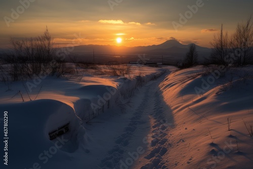 Photo of a beautiful sunset over a snow-covered field