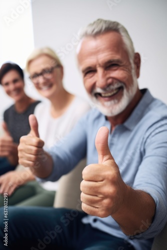 shot of an unrecognisable man showing thumbs up at a support group meeting photo