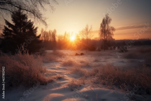 Photo of a beautiful sunset over a snowy field