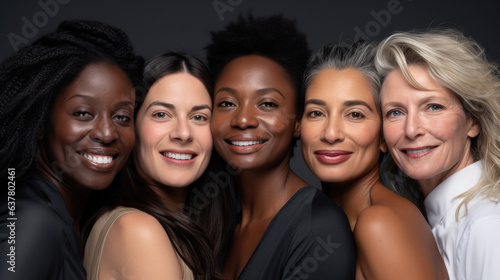 Group of five women in their 40s and 50s of different races. Concept of diversity in skin tones and ethnic complexion. Friendship across races.   © Lvnel