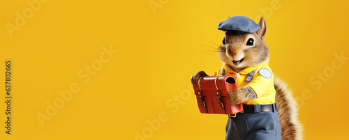 Squirrel postman over orange background, panoramic layout. Generative Ai