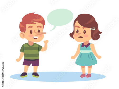 Little boy telling lies to upset little girl. Liar child having big nose suffering from compulsive dishonest behavior. Friend relationships. Cartoon flat style isolated vector concept