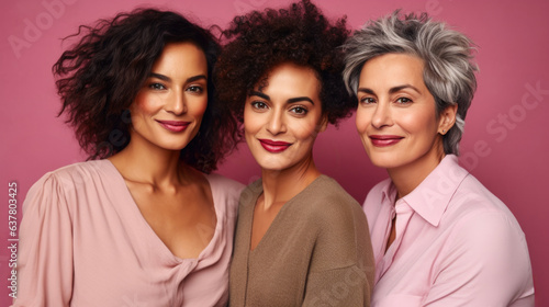 Group of 3 women in their 40s and 50s of different races. Concept of diversity in skin tones and ethnic complexion. Friendship across races. 