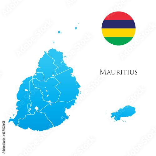 Map of Mauritius with separate districts with flag aside.